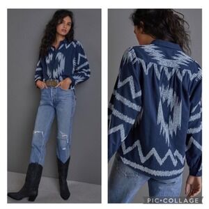 Anthropologie Pilcro Women's The Romy Relaxed Button Down Blue Aztec Shirt - Sm